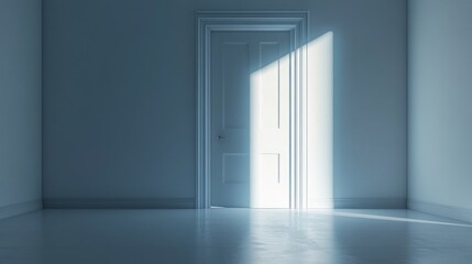 Poster - A softly illuminated white room features an open door that allows a stream of light to flow inward, creating a contrast with its pristine surroundings. The atmosphere invites exploration and wonder