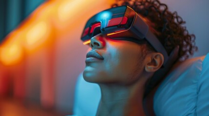 Poster - Individual engages in a digital therapy session, wearing advanced headgear designed for virtual mindfulness. The atmosphere is serene, enhancing relaxation and mental health focus.