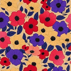 Naklejka na meble A seamless floral pattern featuring wild red and purple flowers is depicted in a beautiful botanical illustration on a colorful background for textile design