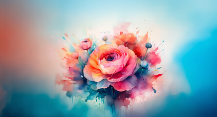 Aufkleber - A vibrant watercolor flower blooms with petals of pink, orange, and peach. Splashes of paint create an artistic, soft, and dreamy effect against a blurred blue and orange backdrop.