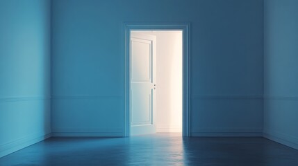 Poster - A softly illuminated door stands ajar in a calm blue room, beckoning with the promise of brightness and intrigue. This serene space encourages a sense of wonder and curiosity