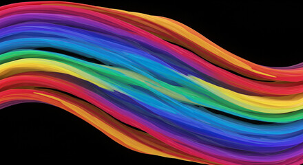 Poster - Colorful rainbow wave pattern on black background. Bright curved stripes in vibrant colors. Modern abstract design element for banner, flyer, poster. Dynamic flowing motion. Space for text