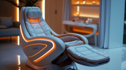 Aufkleber - A modern therapy chair equipped with soft lighting, providing a comfortable space for digital mental health sessions focused on mindfulness and relaxation techniques.