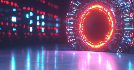 Poster - An abstract concrete room in a futuristic sci-fi setting, complete with a variety of glowing neon lights, reflections, and a space for text, all generated using 3D rendering techniques