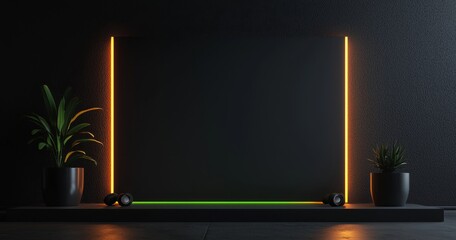 Poster - A 3D rendering concept of a dark billboard featuring a large glass room with a sci-fi futuristic interior, complete with lighting, set within concrete and adorned with reflective ceiling and floor