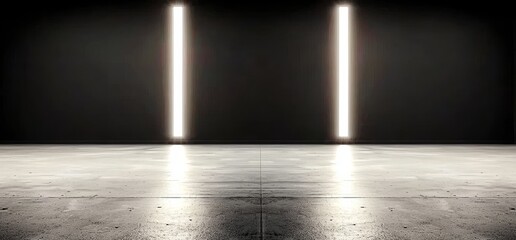 Poster - A 3D rendering depicts a futuristic room with a concrete floor, featuring glowing white neon tube lights in the shape of triangles, accompanied by reflections in an empty space
