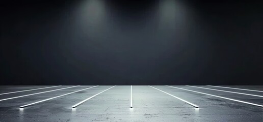 Poster - A 3D rendering of a dark room with a concrete floor features futuristic sci-fi white neon glowing line lights, empty space, and reflections