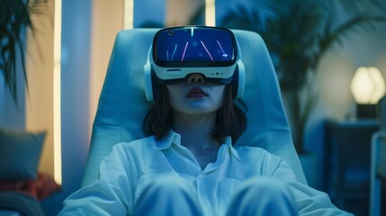 Poster - A person wearing a virtual reality headset sits comfortably in a modern, softly lit room. Engaging in digital therapy, they focus on mindfulness techniques to support mental well being.