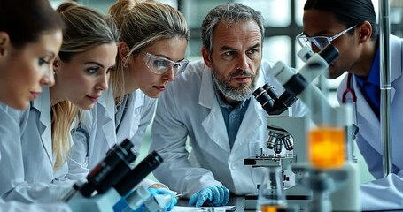 Poster - Medical research and development scientists work in the laboratory with laboratory equipment, focused on scientific studies