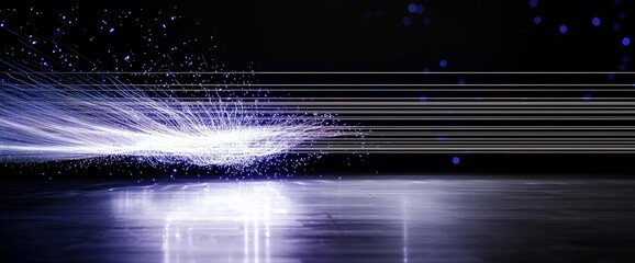 Poster - A 3D rendering illustration featuring futuristic sci-fi abstract blue and purple neon light shapes on a black background with reflective concrete and empty space for text
