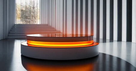 Aufkleber - Futuristic interior with a glowing podium in a modern setting. The composition features a modern design, with a strong focus on lighting effects