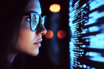 Poster - A beautiful girl wearing glasses is shown in close proximity as she operates a futuristic computer that utilizes holograms, symbolizing the concepts of the future, technology, and work
