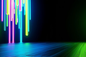 Poster - A futuristic sci-fi themed 3D illustration shows abstract shapes in blue and purple neon lights on a black background, leaving space for text to be added