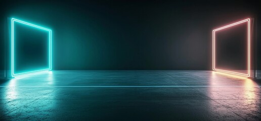 Poster - In this 3D rendered scene, a modern and futuristic empty room is juxtaposed with a dark and reflective concrete corridor tunnel that has an extraterrestrial appearance, set against a dazzling purple