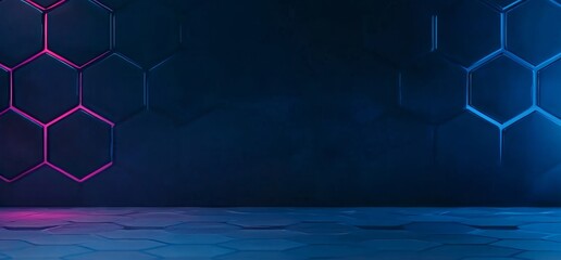 Poster - A futuristic and modern alien corridor is depicted with reflective concrete, empty rooms, and a hexagonal floor, all set against a 3D rendered background with glowing purple and blue neon lights