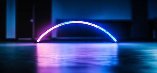 Poster - A futuristic, modern, and vibrant setting features glowing neon lights in shades of purple, pink, and blue, emanating from laser tubes within a long, dark, and empty concrete tunnel with a grunge