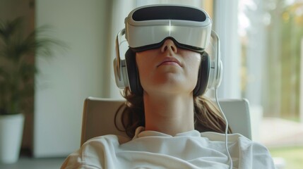 Poster - Person relaxes while using virtual reality headset, engaging in digital therapy aimed at mindfulness and mental health enhancement in a serene indoor environment.