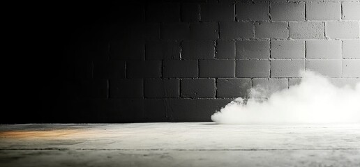 Poster - In a 3D rendering, a dark room with a reflective floor and grunge concrete walls is filled with smoke and fog, and features neon LED glowing white lines in a sci-fi modern minimalistic abstract