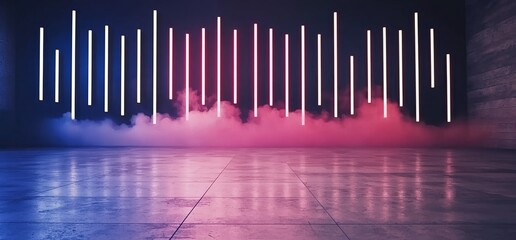Poster - A 3D rendering of a dark room with grunge concrete walls and a reflective floor, filled with smoke and fog, and illuminated by neon LED glowing white lines in a sci-fi modern minimalistic abstract