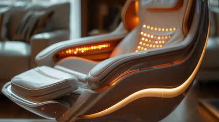 Poster - A modern therapy chair with soft lighting is designed to promote relaxation and mindfulness. It integrates advanced technology to enhance mental health through digital platforms.