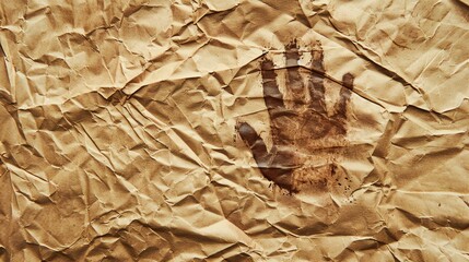 Poster - A handprint on a crumpled brown paper background.