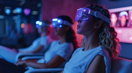 Poster - Participants engage in a mindfulness session utilizing digital therapy devices in a contemporary wellness center, focusing on mental health improvement through innovative technology.