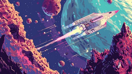 Wall Mural - pixel art illustration of a spaceship flying through space.