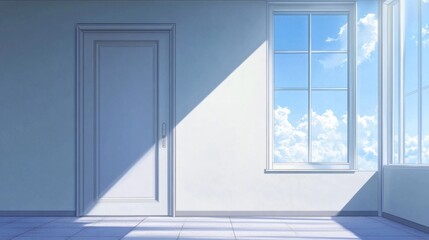 Poster - Soft light permeates a tranquil space as an open door leads to a vast sky adorned with fluffy clouds, creating a dreamlike atmosphere in a simple, white room