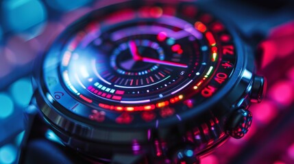 Poster - A digital watch illuminates in vibrant colors, reflecting the synergy between technology and wellness focused on mindfulness and mental health improvement using apps and telemedicine.