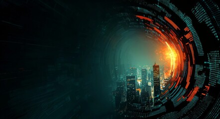 Poster - Wireless mobile internet technology supports the telecommunication network above the city, powering smart grid and 5G LTE data connections, and embodying the principles of IoT, global business,