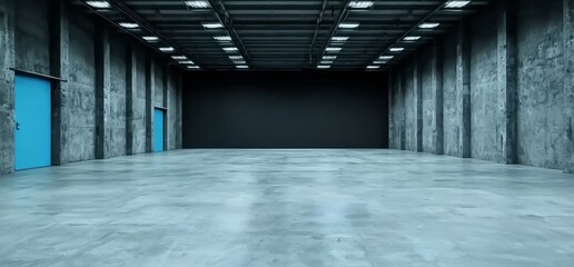 Poster - A futuristic underground garage tunnel corridor is depicted in a 3D rendering with elegant sci-fi elements and a modern dark concrete cement asphalt aesthetic