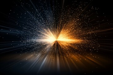 a defocused background of abstract glitter lights features a burst of gold light
