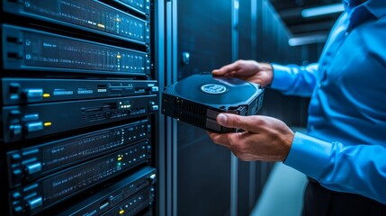 Poster - In a modern data center, an IT engineer is installing a new HDD hard drive and other hardware into server rack equipment while an IT specialist performs maintenance, runs diagnostics, and updates the