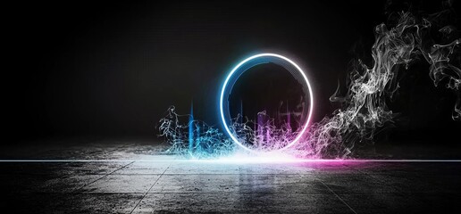 Poster - A futuristic underground setting features a vibrant glow with purple, blue, and orange hues, complete with a laser show, glossy dark surfaces, and a 3D rendered spaceship