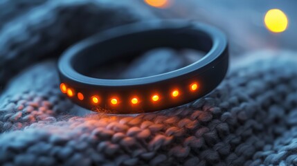 Poster - A sleek digital therapy device with glowing orange lights rests on a cozy knitted fabric, representing modern mindfulness and mental health support solutions through technology.