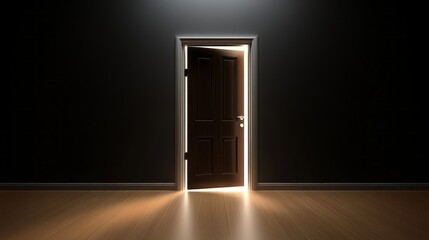 Aufkleber - Soft light spills through an ajar door in a shadowy room, illuminating the wooden floor and suggesting a world waiting beyond. The ambiance evokes curiosity and intrigue