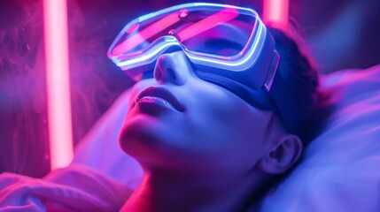 Aufkleber - In a futuristic environment illuminated by vibrant neon lights, an individual utilizes smart eyewear to engage in a session focusing on mindfulness and mental health through digital therapy.