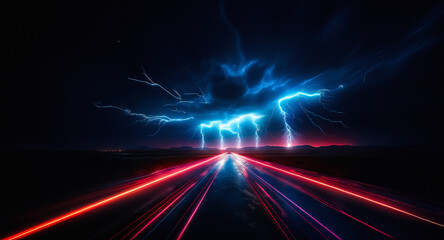 Poster - Dramatic scene of blue lightning illuminating a dark landscape. Red and blue light streaks on the ground create a sense of motion and energy.