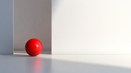 Aufkleber - A vibrant red sphere rests on a smooth surface, close to an open door that invites a sense of wonder. The bright white walls create an atmosphere of tranquility and curiosity