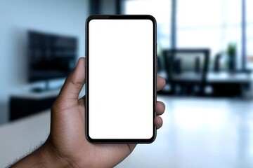 On a sofa in a domestic interior, a man is using a smartphone with a modern, frameless design, currently displaying a blank screen
