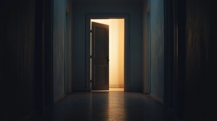 Aufkleber - In the stillness of a quiet space, an open door reveals a warm glow, shedding light into the dimly lit hallway. The inviting ambiance beckons curiosity and reflection