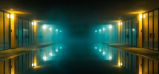Poster - A 3D rendering shows a futuristic underground garage with a sci-fi stage, podium, and white concrete arches, complemented by smoke, neon glowing blue pylons, grunge columns, and a dark corridor