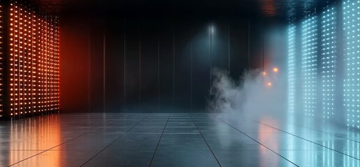 Poster - A futuristic underground garage with neon glowing blue pylons and a sci-fi stage features white concrete arches, grunge columns, and a dark spaceship tunnel corridor in a 3D rendering