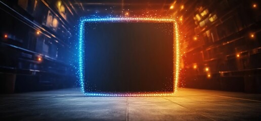 Poster - A dark night scene features a futuristic sci-fi entrance with a circle construction gate, neon glowing purple and blue laser lines on reflective concrete, and a grunge underground retro modern