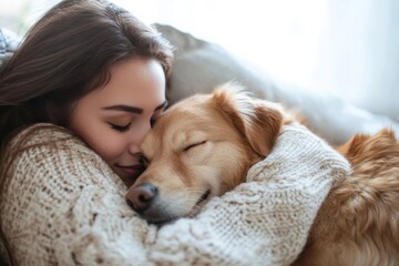 Aufkleber - Woman embraces golden retriever while resting on a cozy couch during a peaceful afternoon indoors. Generative AI