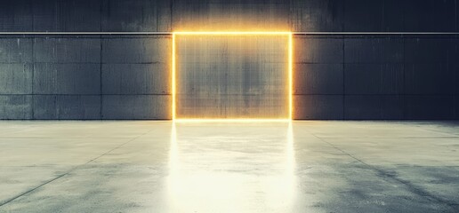 Poster - In a 3D rendering a futuristic modern background is displayed with a dark underground garage gallery stage and orange red glowing pylons in a cement concrete hallway tunnel corridor