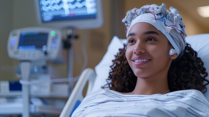 Poster - A young individual with curly hair is relaxed during a digital therapy session, wearing a brainwave monitor while connected to telemedicine equipment designed for mental health care.
