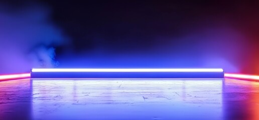 Poster - This 3D rendering presents a dark neon sci-fi themed laser show club, characterized by its futuristic retro ambiance, purple and blue glowing ceiling lights, and a concrete grunge garage tunnel room