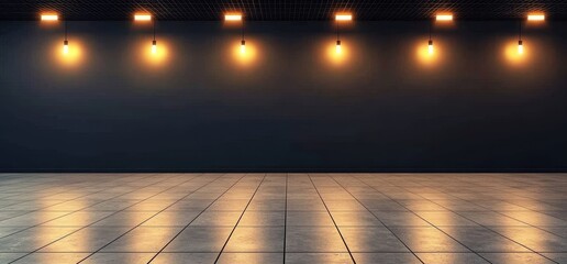 Poster - A 3D rendering of an underground industrial background featuring a modern room with a concrete ceiling, white LED lights, and a rectangular shape, evoking an empty grunge aesthetic in a garage