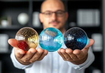 Wall Mural - A soap bubble is captured in a close-up macro photograph, its surface a swirling vortex of psychedelic colors that evoke the appearance of a fantasy galaxy or planet isolated against a black